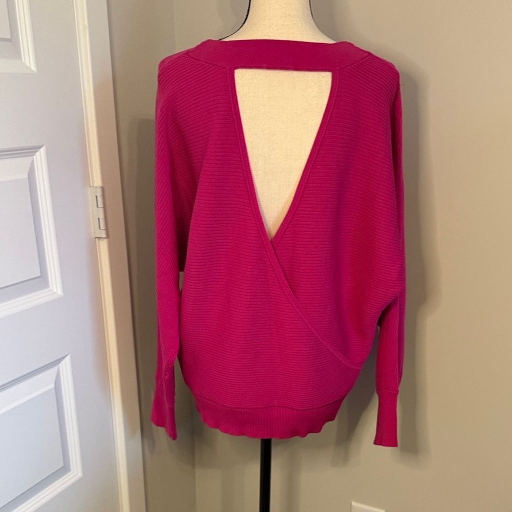 Pink Lightweight Ribbed Crewneck, Open Back Sweater - Picture 3 of 6